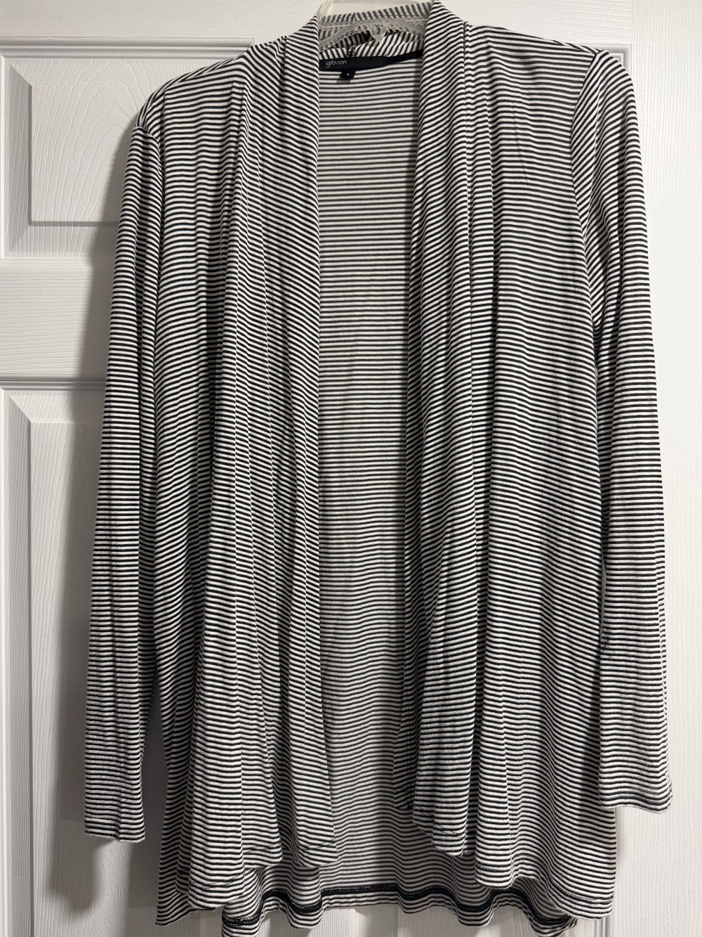 Gibson Black & White Striped Open Drape Cardigan